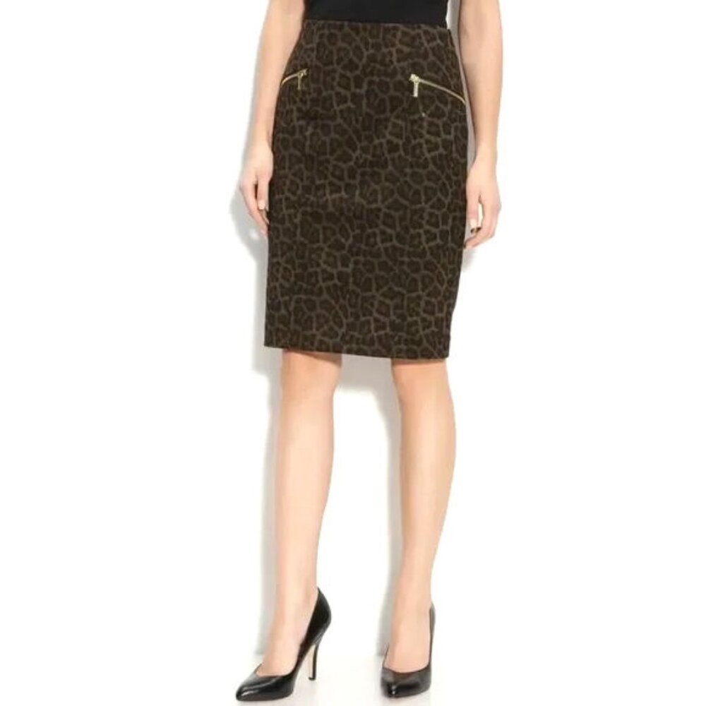 Michael Kors Flattering Womens Pencil Skirt Leopard Gold Zippers sz 10